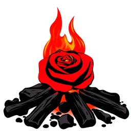 a camp fire with dark embers, the flames spiral to make the shape of a rose flower(red) , black and red Vector on white background