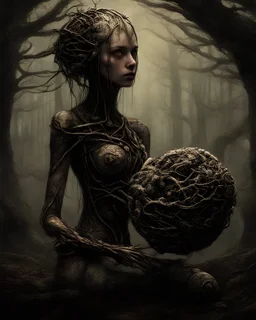 Rare parasite creature..Holding a membranous cocoon of living creatures , dystopian cg society by artist "Chris saunders" by Santiago Caruso, by artist angelf rrgg, girl in the forest, sparks around her, sparks cybernetic, high lighting, intricate, 8k, macro photography,