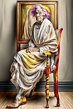 an old wrinkled woman sitting on a wooden chair, half dressed in dropped cloth, she is on display in a high end white art gallery, she is quite and no emotions, the original painting of Venus is on display on the wall, .ultra realistic photo,. highly detailed 32k, strange and weird modern art creation, surrealistic image