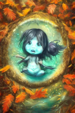 cute tiny ocean demon sitting on a fallen leaf, intricately detailed, photorealistic, oil on canvas, trending on art station, high definition, hdr, cute, beautiful in sunshine