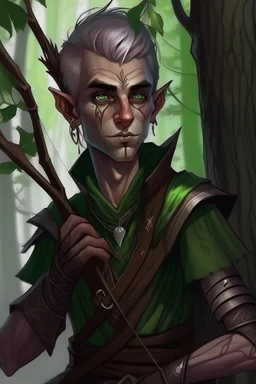 Middle aged wood elf, rogue assassin, brown skin, bright green eyes, short mauve hair, sneaky, trees, stoner, long bow, black leather straps, disheveled, smoking weed