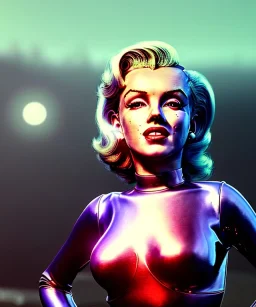 Ultra Realistic retro sci-fi 1960 scene, waist up view portrait, blonde woman, sweet young Marilyn Monroe face, perfect iris, tight latex coat, alien planet background, tight style, steel sphere dron levitating, fog, rain, soft color, highly detailed, unreal engine 5, ray tracing, RTX, lumen lighting, ultra detail, volumetric lighting, 3d, finely drawn, high definition, high resolution.