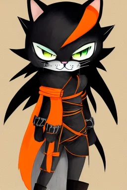 cat 2d, knight, ninja, black fur,full body, orange torn coat,game character, strong, anime, chibi