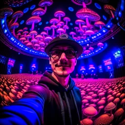 AI selfie in dark fluorescent mushroom concert hall , photo-realistic, shot on Hasselblad h6d-400c, zeiss prime lens, bokeh like f/0.8, tilt-shift lens 8k, high detail, smooth render, down-light, unreal engine, downlight