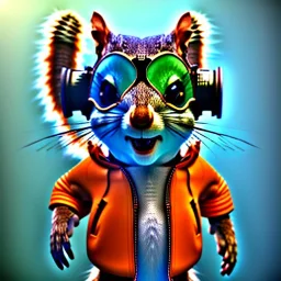 Squirrel toddler, smile, steampunk headphone, sunglass, gangsta neckless, full body, orange puffer jacket, tokio background, dramatic lighting, hyper realistic, unreal engine 5, 16k