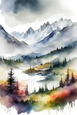 watercolor ,landscape, many colors, detailed, colorize, white background a hills, High Tatras, Slovakia, mountains and the velke hincove pleso in the mist. Infuse the scene with sunlight, conveying a cozy and tranquil atmosphere. a white background 9:11