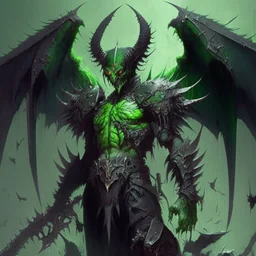 demonio de armadura verde y negro con alas negras tomando mucha sangre