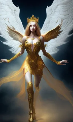 Female angel with big wings and golden crown floating above the ground in the dark, michelangelo style, detailed, world of warcraft style