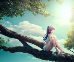 a detailed illustration of a anime girl sitting on a tree branch, luminescent body, glinting spread wings, realistic, soft and smooth glowing wings, soft feathers, macro lens, sharp focus, meticulously detailed, soft studio lighting, smooth blurred gradient evening sky background, 64k