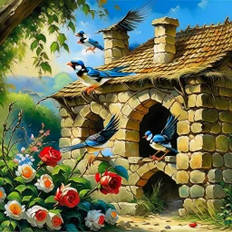 captivating cinematic painting masterfully blending traditional illustration, 3D rendering, and wildlife photography, depicts a picturesque old stone farmhouse with a thatched roof. The harmonious blend of artistic styles creates an atmosphere of serene tranquility, warmth, nostalgia, and timeless beauty. In the cozy home on the roof, three adorable baby swallows rest in their nest, watched over by a swift adult swallow soaring around them. Vibrant hollyhocks cascade along the walls, and hay in