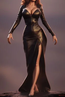 Raquel Welch in a black leather gown, evil, femme fatale, leather, busty, cleavage, angry, stern look. character design by cory loftis, fenghua zhong, ryohei hase, ismail inceoglu and ruan jia. unreal engine 5, artistic lighting, highly detailed, photorealistic, fantasy