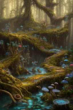 high-quality, fine-detail beautiful, breath-taking forest with gnarled trees, flowers, clear reflective lake, some mushrooms, dragonflys, tranquil, stunning, 8k resolution, intricate, digital art, detailed matte, volumetric lighting, George Grie, Anne Dittman, Anne Stokes, Lisa Parker, Selina French, Alphonse Mucha