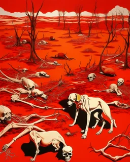 A red wasteland with animal bones painted by Andy Warhol