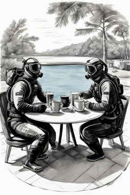 Drawing of 2 divers with full diving gear on, goggles, flip flops and suits are sitting outside at a round table having tea