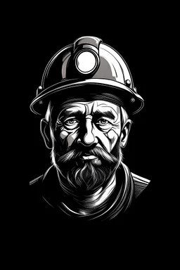 minimalist, primitive art coal miner portrait as icon for an app or logotype. A little tired, A little dirty. He is of good cheer. He keeps a vertical hack besides his right shoulder. He wears а headpiece with a headlight. Siberian coal miner