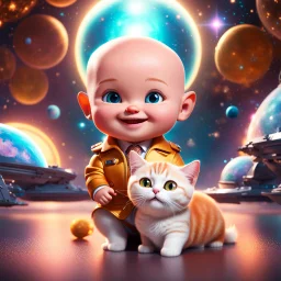 (masterpiece, best quality, 8k, RAW photo, beautiful and aesthetic:1.2), complex detail, Indirect light, photorealistic, (((full body))), Cosmic Boss Baby style smiling, bald, with a ginger cat companion, colorfull Sci-Fi environment