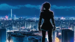 Clear Focus, High resolution, Beautiful girl standing backwards to a Cyberpunk skyline, comic style