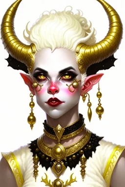 A young tiefling woman with a set of ram horns on her head encrusted with jewels, White-Blonde, short hair, black eyes, no pupils, dressed in all white with lots of jewelry, beautiful, she looks like an angel