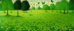 A lime green stinky field with butterflies painted by Georges Seurat