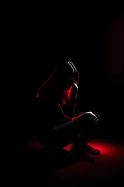 Image of a woman sitting alone, surrounded by shadowy figures whispering in her ear, suggesting the influence of manipulation and dark psychology on individual perceptions of attractiveness Give it a very dark frightening vibe. Use black and red theme.