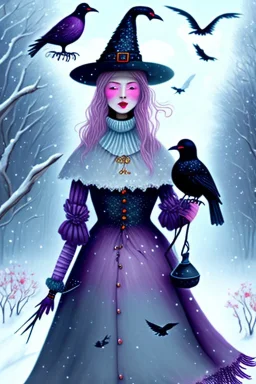 Friendly witch, playing with crows, perfect eyes, pastel colours, snow, style Elisabeth Kreitz