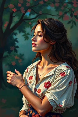 College pictures of love, beautiful woman oil painting style, for famous artists , ultra high quality, 8k, cinematic