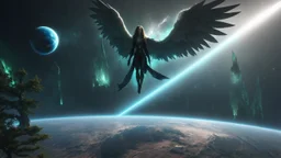 matrix universe, space, planets, god creation, angels from other dimensions with beautiful wings, trees on the planet, behind green crystals of light, few tiberium monolith deposits on the planet near tree,