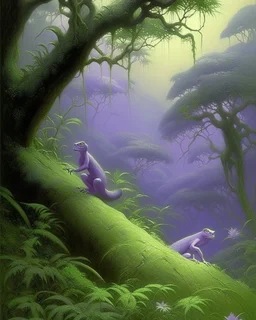A light purple rainforest with atomic chameleons painted by Birge Harrison