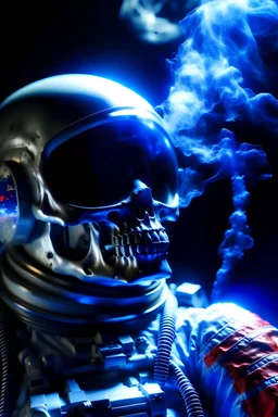 A close up of a skeleton face in an astronaut suit floating in space. On his suit is an American flag and in his one hand is a small wavering American hand flag. From the back of his suit is blowing out blue, white and red smoke. Realistic, 8k, highly detailed, funny