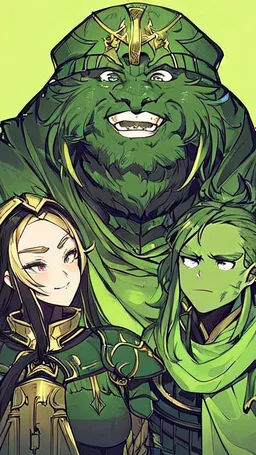 A woman has tanned skin. Her face, marked by the years, is always smiling, showing her superiority in the eyes of others. She is dressed in a steel armor with a few pieces of yellow and green fabric sticking out.