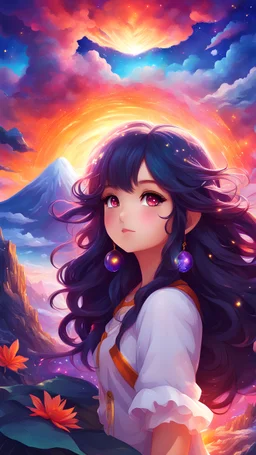 An adorable and beautiful anime girl with volcanic hair and big glowing eyes explores her vivid imagination in a fantasy world, full of dreams and magical lands, depicted through stunning illustration art with vibrant, vivid colors.