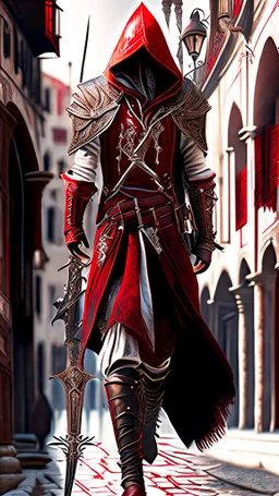 Assassin creed con dagas y espadas detalles en los pantalones en el pecho y en las botas caminando por Venezia capa arte digital hiperdetallado detalles intrincados obra de arte blanco rojo 8k