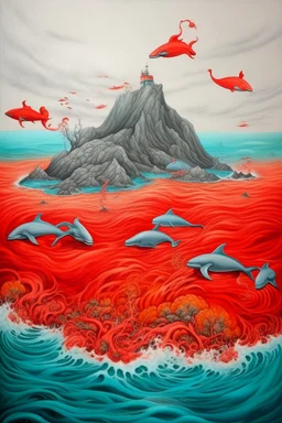 A red volcanic island with dolphins painted by Cai Jia