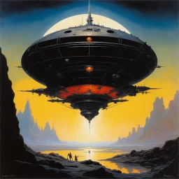 [art of John Blanche, frank frazetta, Heath Robinson and Norman Rockwell] The starship drifted through the void, its hull a lattice of blackened chrome and crimson light, pulsating. Within its core, the engine hummed with an energetic rhythm, a mechanical heartbeat defying the silence of the abyss.Cloaked in an enigmatic aura, the pilot sat in solitude, her face half-hidden behind a mask of iridescent crystal. She was a navigator of the forgotten, charting pathways through dimensions no human mi