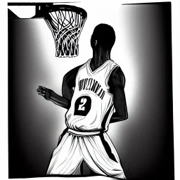 Realistic, drawing, black and white, basketball player, slam dunk