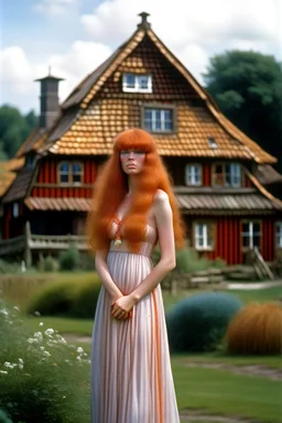 full body and headshot of a skinny Cleopatra, with long wavy ginger hair, in a floaty dress, standing on a village green, with thatched roof cottages behind