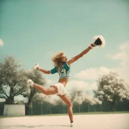 The youthful exuberance of cheerleader doing a cartwheel in cotton agent provocateur [vintage style noisy scratches glitches, Shot the texture and then rewound the film and double exposed]
