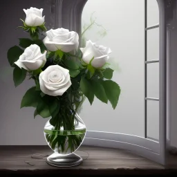 Single wilting white rose in a vase beside a window and seeing its reflection