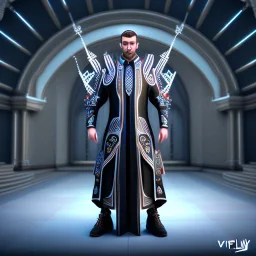 A handsome npc ständig in front of a church, futuristic design