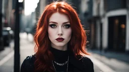 Dark shot, city street, pastel goth, sexy goth girl, photo of cute 24 years old redhead woman, cinematic shot, hard shadows, photorealistic, cute face, looking at viewer