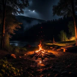 Dark rainy night with campfire and nature