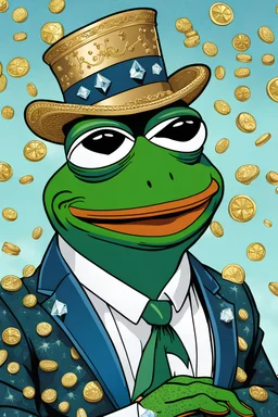 super rich happy pepe the frog. luxury, blue crystals, greg rutkowski