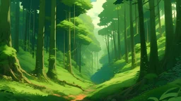 лес с густой растительностью, аниме стиль
