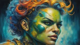 woman hulk iSteampunk, cyberpunk, analog style, Portrait of a cyborg yellow blue turcoise and orange multicolor ink flow: 8k resolution photorealistic masterpiece: Albert Seveso: Anna Dittmann: intricately detailed fluid gouache painting: by Jean Baptiste Mongue: calligraphy: acrylic: watercolor art, professional photography, natural lighting, volumetric lighting maximalist photoillustration: by marton bobzert: 8k resolution concept art intricately detailed, complex, elegant, expansive, fantasti