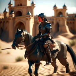 woman riding kentaur in castle in the desert, photo-realistic, shot on Hasselblad h6d-400c, zeiss prime lens, bokeh like f/0.8, tilt-shift lens 8k, high detail, smooth render, down-light, unreal engine, downlight