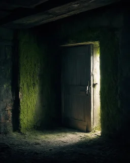 An ancient, weathered door stands in an abandoned house, shrouded in deep, engulfing darkness. The walls are rough and covered in moss and dust, with wooden beams crumbling and floors uneven. The faint light coming from a small particle of the philosopher's stone, placed mysteriously near the door, emits a warm, surreal glow, contrasting with the surrounding darkness. The stone’s light weakly illuminates the nearby area, casting long, eerie shadows. The atmosphere is thick with mystery and tensi