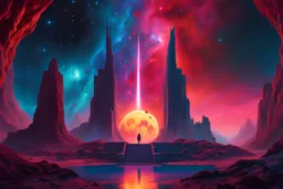 an entrance to the Orion nebula, standing in a vivid dreamlike landscape, in the style of Beksinski, extremely detailed, hyperrealistic, maximalist, triadic colors, complementary colors, colorful, volumetric lighting, dark, 8K, award winning, crisp quality