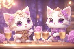 cute chibi kittens drinking champagne in a beautiful dessert shop in purple in lamplight Weight:1 3D Game Cinematic Feel, Epic 3D Videogame Graphics, Intricately Detailed, 8K Resolution, Dynamic Lighting, Unreal Engine 5, CryEngine, Trending on ArtStation, HDR, 3D Masterpiece, Unity Render, Perfect Composition Weight:0.9