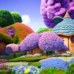 Pixar studio ghibli gnome mushroom cottage blue roof with blue flowers door, hydrangeas around house hills fantasy land beautiful flower landscape alien world pink puffy trees, stylized painting, 3d 4k octane render.