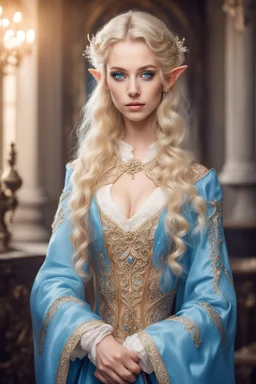 twenty four years old beautiful elf girl, blue eyes, blond hair, dressed in aristocratic robes